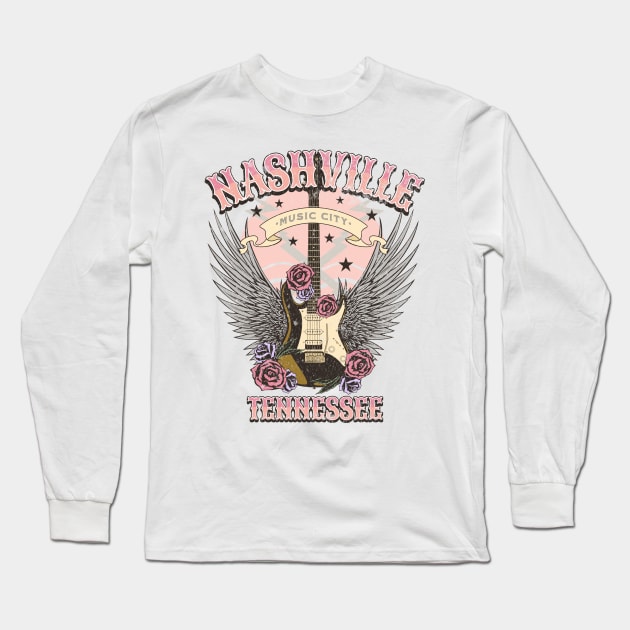 Vintage Nashville Tennessee Guitar and Roses Country Music City Beige Long Sleeve T-Shirt by PUFFYP